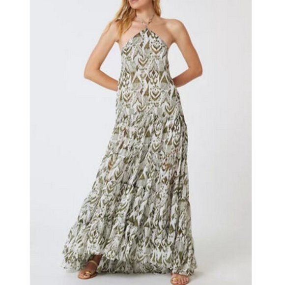 Anthropologie MISA M 495$ Printed Halter Midi Maxi Dress Moss Size Medium NWT